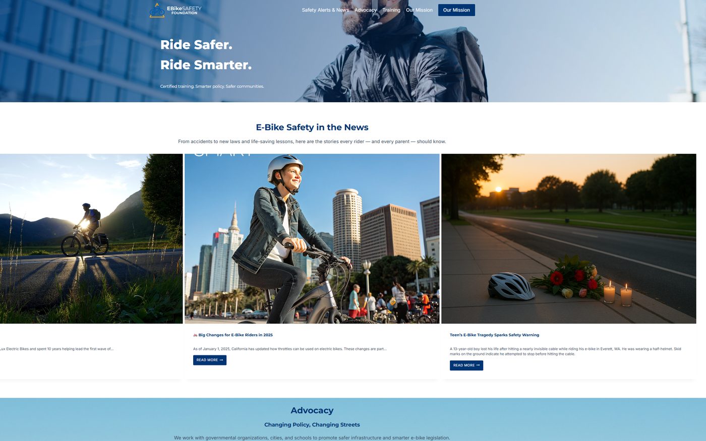 Screenshot of the E-Bike Safety Foundation website