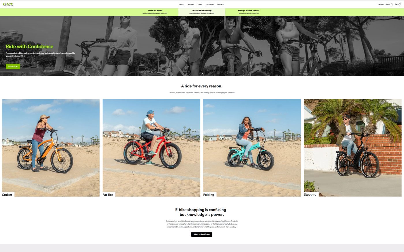 Screenshot of the E-Lux Electric Bikes website